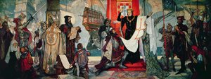 Partida para el Cabo, el Rey Manuel I de Portugal bendiciendo a Vasco da Gama y su expedición, c.1935 de Unbekannt Unbekannt